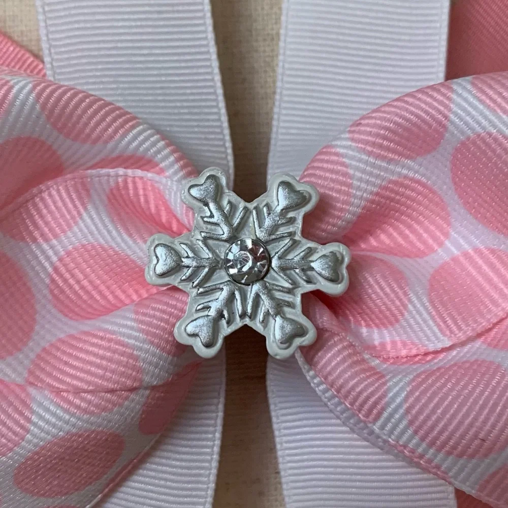 Artisan Hand Crafted Pink Hair Bow Snowflake Winter Theme Print